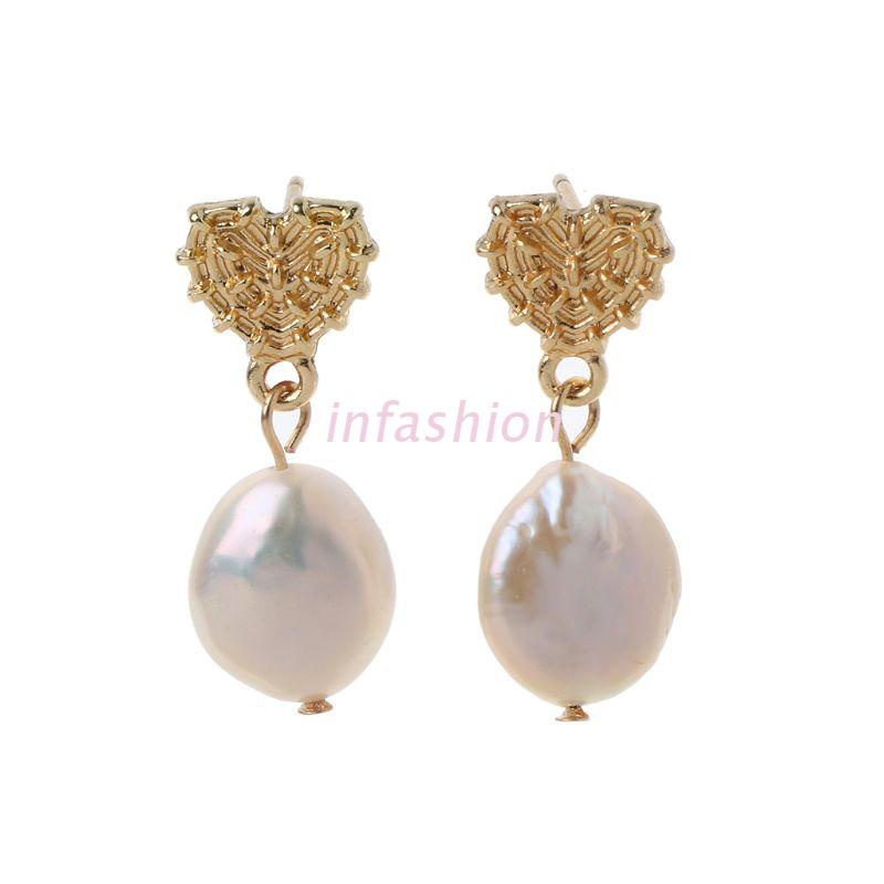 Bông Tai Kim Loại Dáng Dài Hình Trái Tim Đính Ngọc Trai Tự Nhiên Thời Trang Cho Nữ