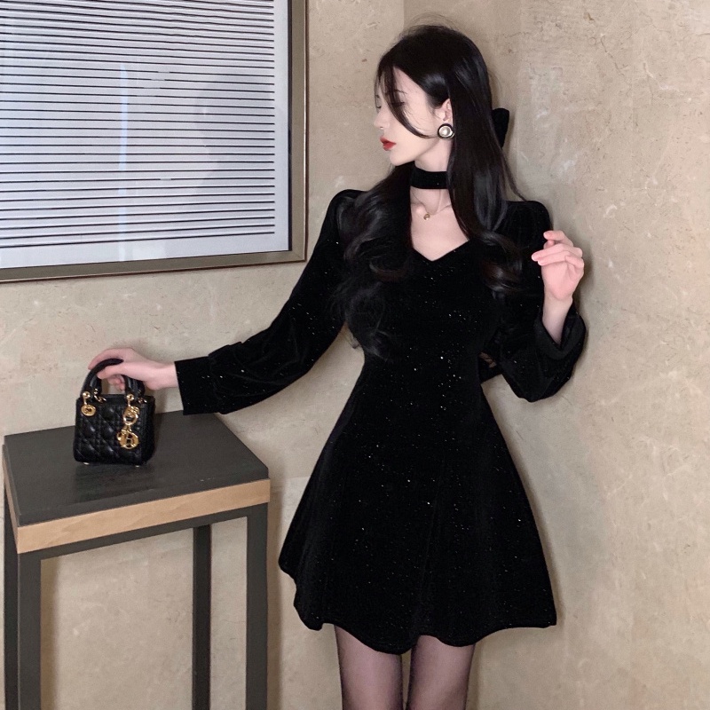 IELGY Đầm Nhung Chữ A Tay Dài Lưng Cao Lấp Lánh Thời Trang Giáng Sinh Cho Nữ