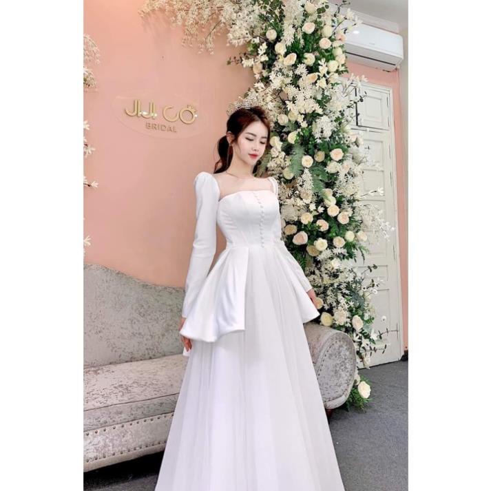 Váy tiệc dài tay phối cúc sang chảnh, dịu dàng cao cấp.