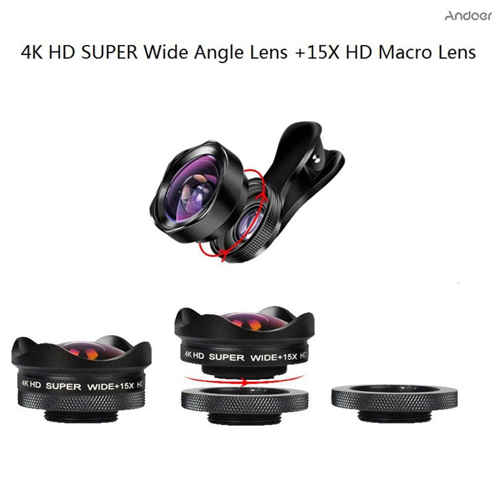 Ống kính góc rộng 4k Ultra HD 0.45x Macro 15x có kẹp chuyên dụng cho điện thoại Iphone Samsung Huawei