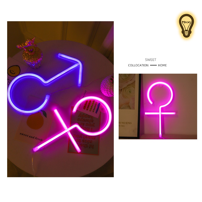 【Tặng MÓC TREO 】Đèn LED chữ neon hình KÝ HIỆU NAM NỮ trang trí DECOR phòng ngủ , quán ( HỘP PIN + USB) MOXI.