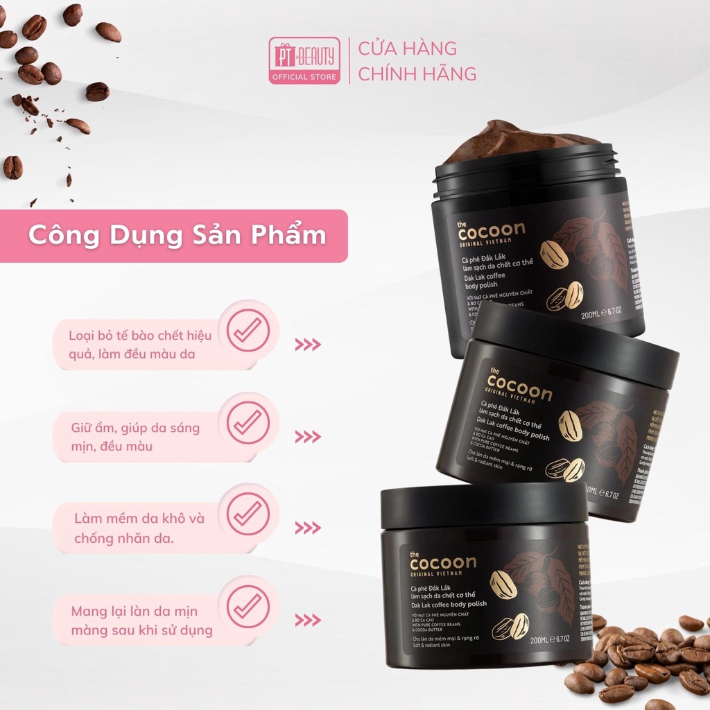 Tẩy tế bào chết body cà phê Đắk Lắk Cocoon cho làn da mềm mịn và rạng rỡ 200ml