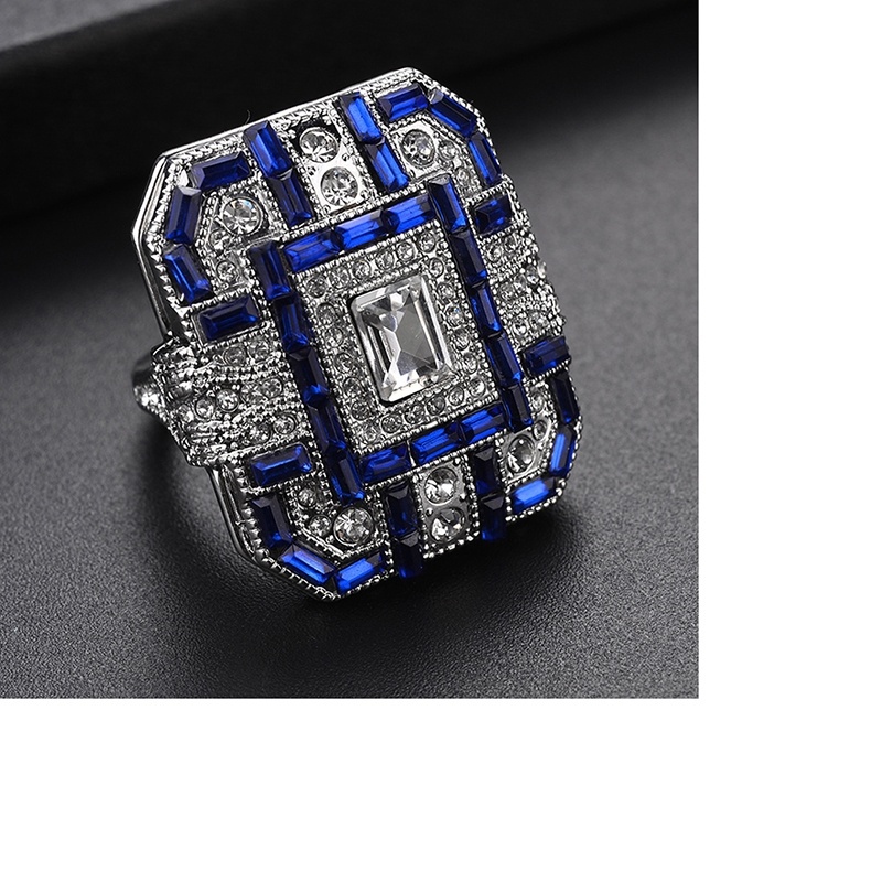 Nhẫn Mạ Bạc Đính Đá Sapphire Xanh & Kim Cương Cổ Điển