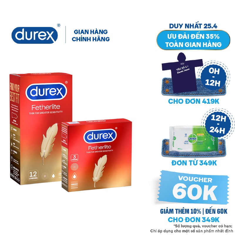 [Mã FMCGMALL -8% đơn 250K] Bộ 1 hộp bao cao su Durex Fetherlite (12 bao/hộp) + tặng 1 hộp Durex Fetherlite 3 bao