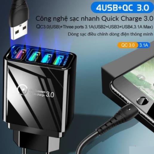 Củ sạc nhanh di động quick charge 3.0 hỗ trợ 4 cổng cắm, có đèn led l Củ sạc nhanh điện thoại cao cấp, có đèn báo