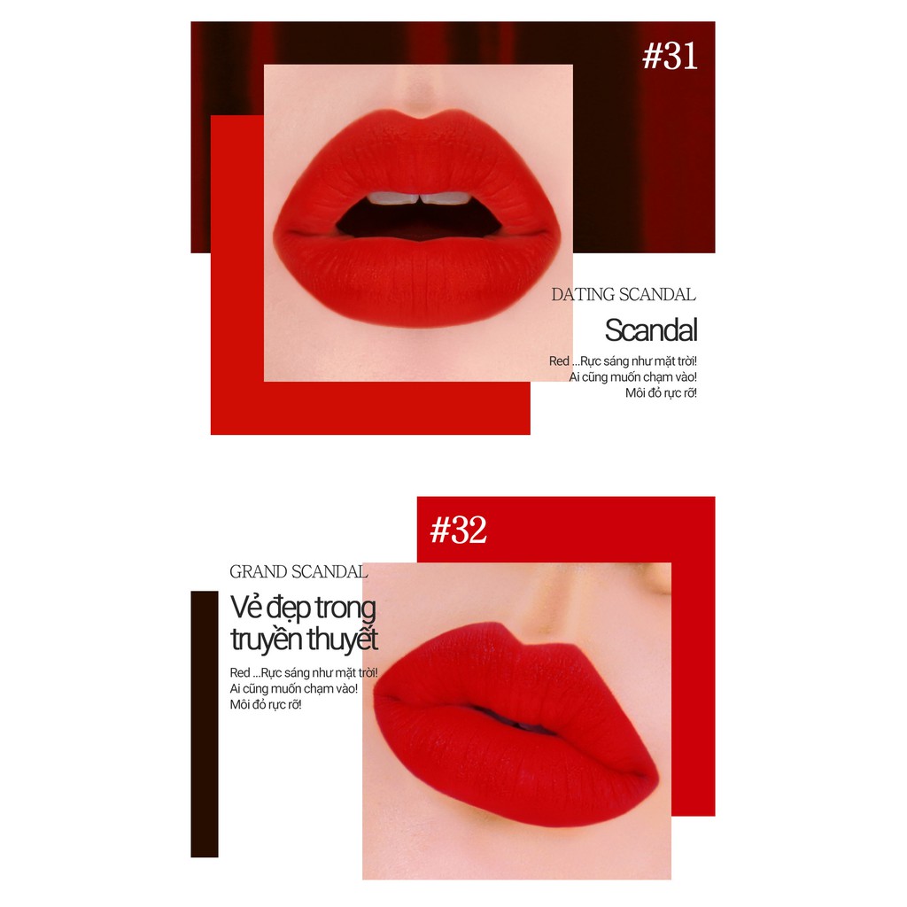 Son kem lì Bbia Last Velvet Lip Tint Version 7 RED SCANDAL - 32 Grand Scandal - Màu Đỏ Tươi Ánh Hồng 5g