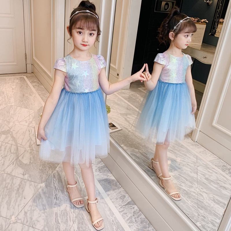 Đầm Công Chúa Tay Phồng Đính Kim Sa Màu Gradient Lấp Lánh 2022 Thời Trang Cho Bé Gái