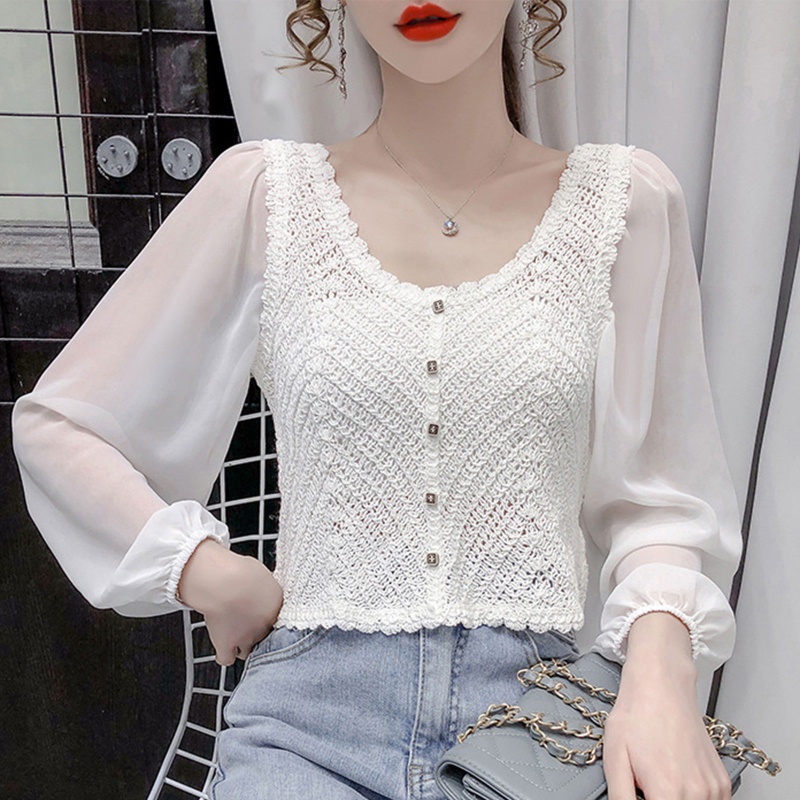 Áo Khoác Cardigan Vải Voan Dệt Kim Tay Dài Phồng Màu Trơn Phong Cách Pháp Dành Cho Nữ