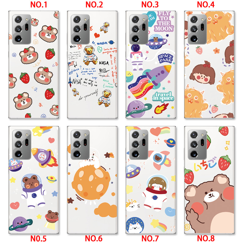 Samsung Galaxy Note 20 Ultra 5G/Note 8 9 10+ Pro INS Cute Cartoon Little brown bear Clear Soft Silicone TPU Phone Casing Lovely astronaut Rocket ship Case Couple Back Cover