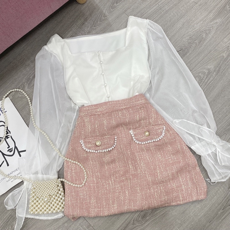 SET ÁO TRẮNG TAY NƠ CỔ VUÔNG + CHÂN VÁY BỐ HỒNG