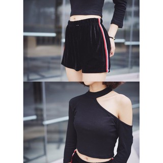 Áo Crop lệch vai thun gân