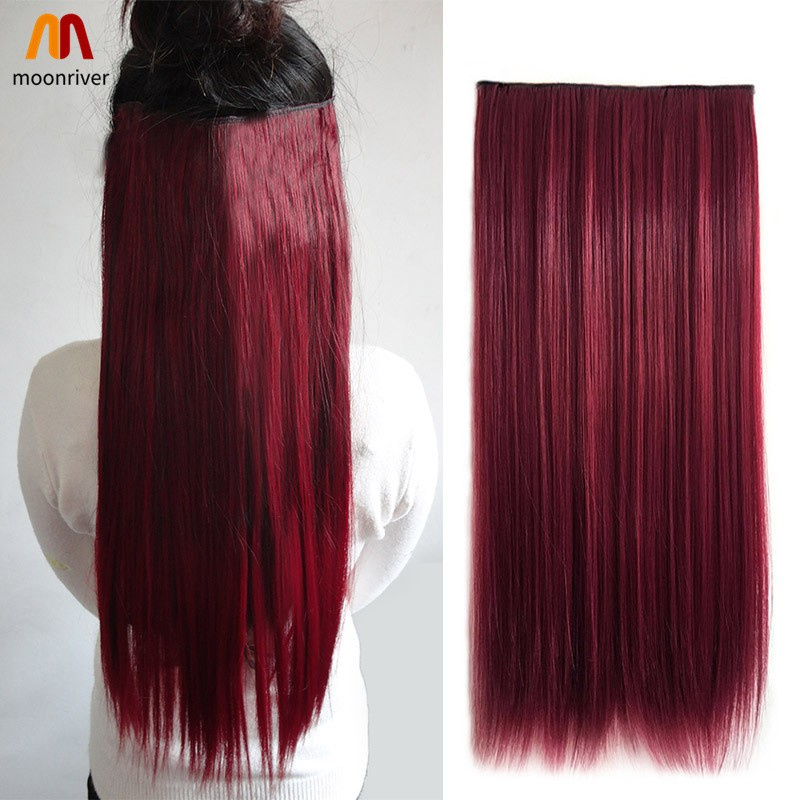Tóc Giả Nối Dài Thẳng Tự Nhiên Màu Đỏ Rượu Vang 60cm Có 5 Kẹp