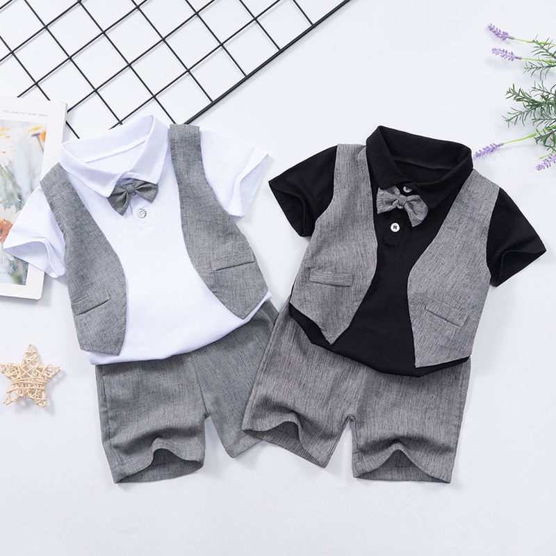Bộ Áo Sơ Mi Cotton Tay Ngắn Giả Hai Lớp + Quần Đùi Phong Cách Hàn Quốc Thời Trang Mùa Hè Cho Bé Trai