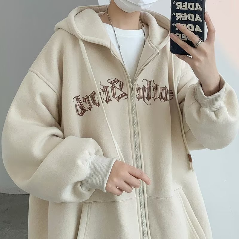 Plus Áo Khoác Hoodie Có Khóa Kéo Dáng Rộng In Chữ Phong Cách Hàn Quốc Thời Trang Mùa Thu Cho Nam