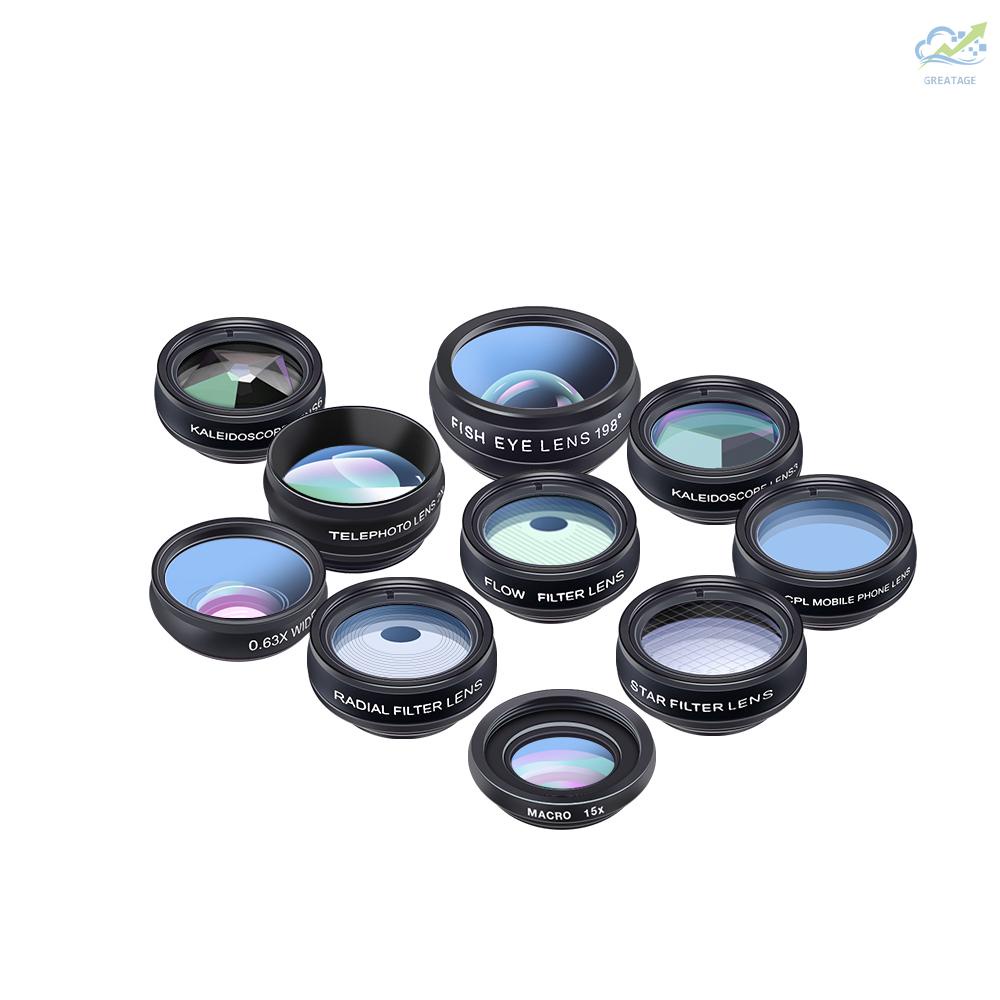 Bộ Ống Kính Máy Ảnh Apexel 10 Trong 1 Góc Rộng 0.63x Wide Angle + 15x Macro + 198 + 2 Ống Kính Phóng To 6 + Cpl + Bộ Lọc Cho Điện Thoại Android