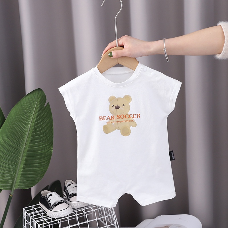 Bộ Áo Liền Quần Bằng Cotton Tay Ngắn In Họa Tiết Gấu Hoạt Hình Dễ Thương Thời Trang Mùa Hè Cho Bé Sơ Sinh 0-2 Tuổi