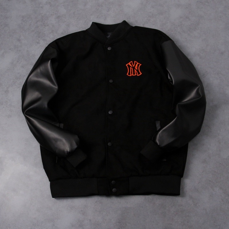 Áo khoác varsity jacket MLB NY nỉ dày dặn phối tay da,Áo bomber nỉ form rộng nam nữ unisex