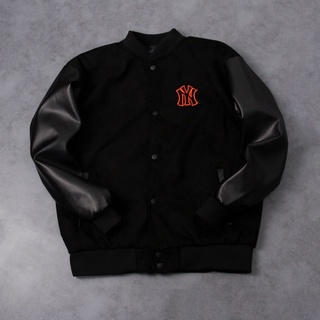 Áo khoác varsity jacket MLB NY nỉ dày dặn phối tay da,Áo bomber nỉ form rộng nam nữ unisex