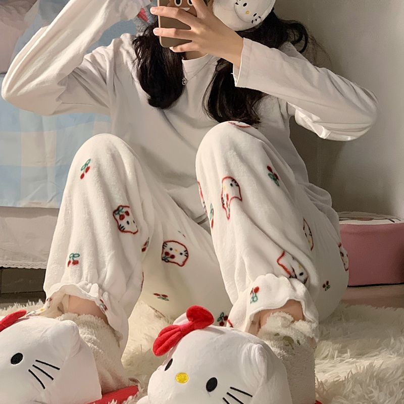 Quần Ngủ Chất Nỉ Dày Dặn In Họa Tiết Hello Kitty Dễ Thương Thời Trang Thu Đông Cho Nữ