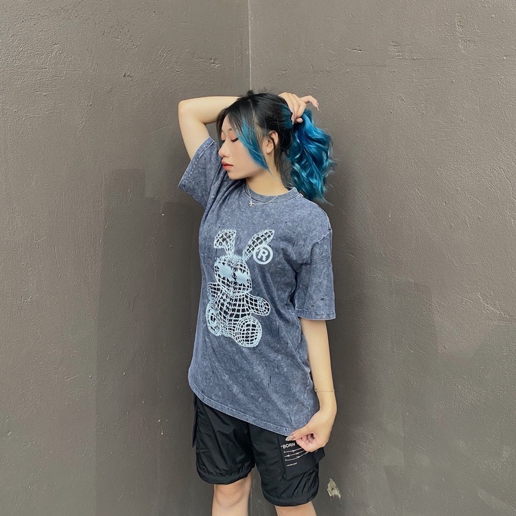 Áo thun Wash loang Thỏ Trắng Zin VG, Áo thun unisex nam nữ form rộng oversize chất liệu Cotton