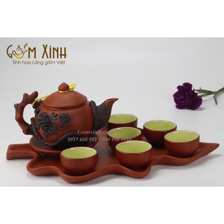 ấm chén Bát Tràng_Bộ bình trà hoa văn đắp nổi đất đỏ khay lá