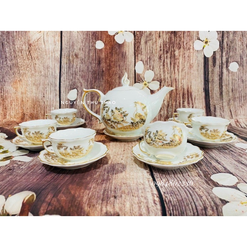 Bộ ấm chén MẪU ĐƠN TRẮNG VẼ CẢNH VIỀN VÀNG BÁT TRÀNG- Bộ trà đẹp