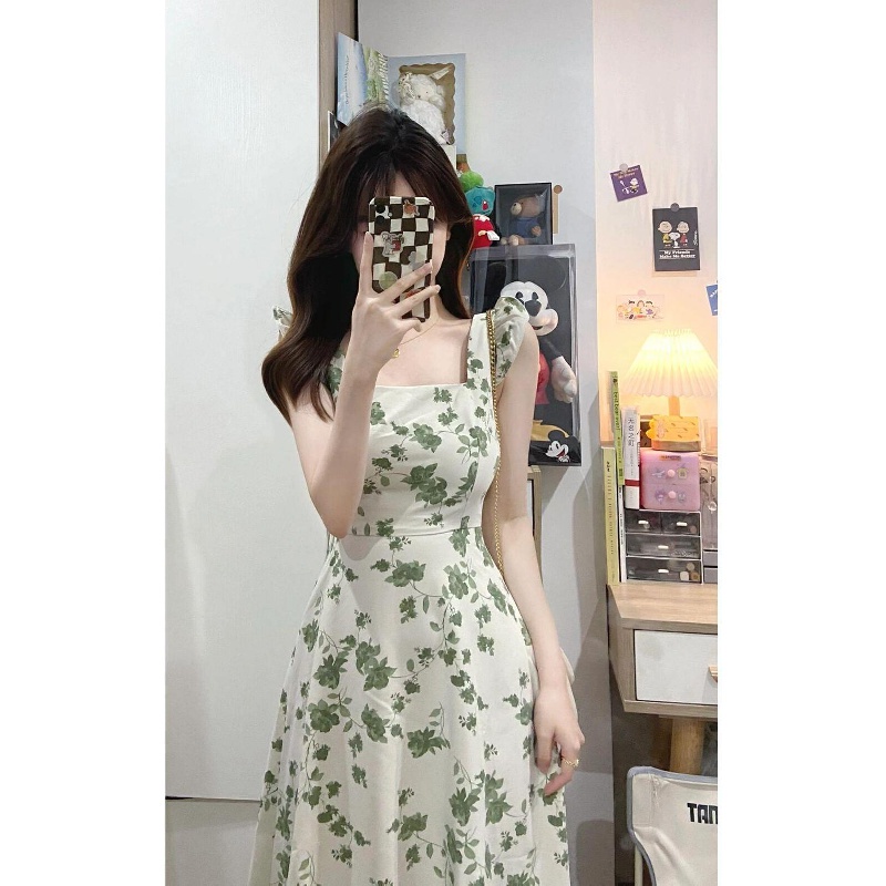 Đầm cổ vuông chân váy dài chân váy chữ a váy hoa nhí đầm hoa Đầm Hoa Hai Dây Dáng Chữ A Eo Cao Phong Cách Hàn Quốc Cho Nữ