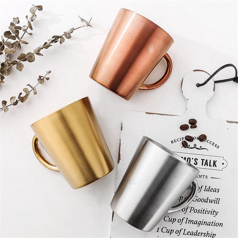 300ml Stainless Steel Mugs Espresso Cups Double-layer Anti-scalding Design Milk Tea Mug Vintage Golden Silver Lead-free Health Breakfast Cup