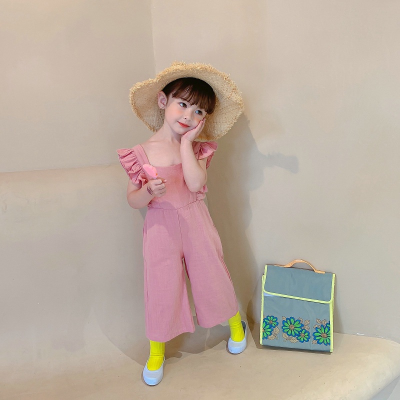 Bộ Áo Liền Quần Sát Nách Viền Ren Màu Trơn Bằng Vải Cotton Cho Bé Gái 2-7 Tuổi
