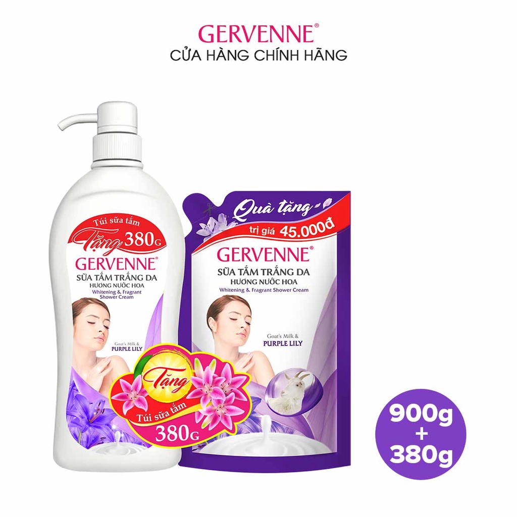 Sữa tắm trắng da Gervenne Việt Quất và Lan Nam Phi 900gr + Túi sữa tắm 380gr (Mùi ngẫu nhiên)