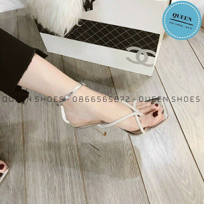 giày sandal nữ cao gót đế nhọn 9 phân quai mảnh xỏ ngón đính đá sang chảnh - SD43