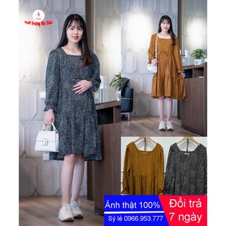 Váy bầu dài tay bi chấm dáng suông Thu đông thiết kế thời trang cao cấp (hình thật)