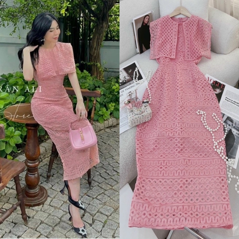 Đầm ôm body ren hồng sát nách cổ vuông, váy dài tôn dáng sang trọng quý phái, thời trang nữ đi chơi dự tiệc cao cấp