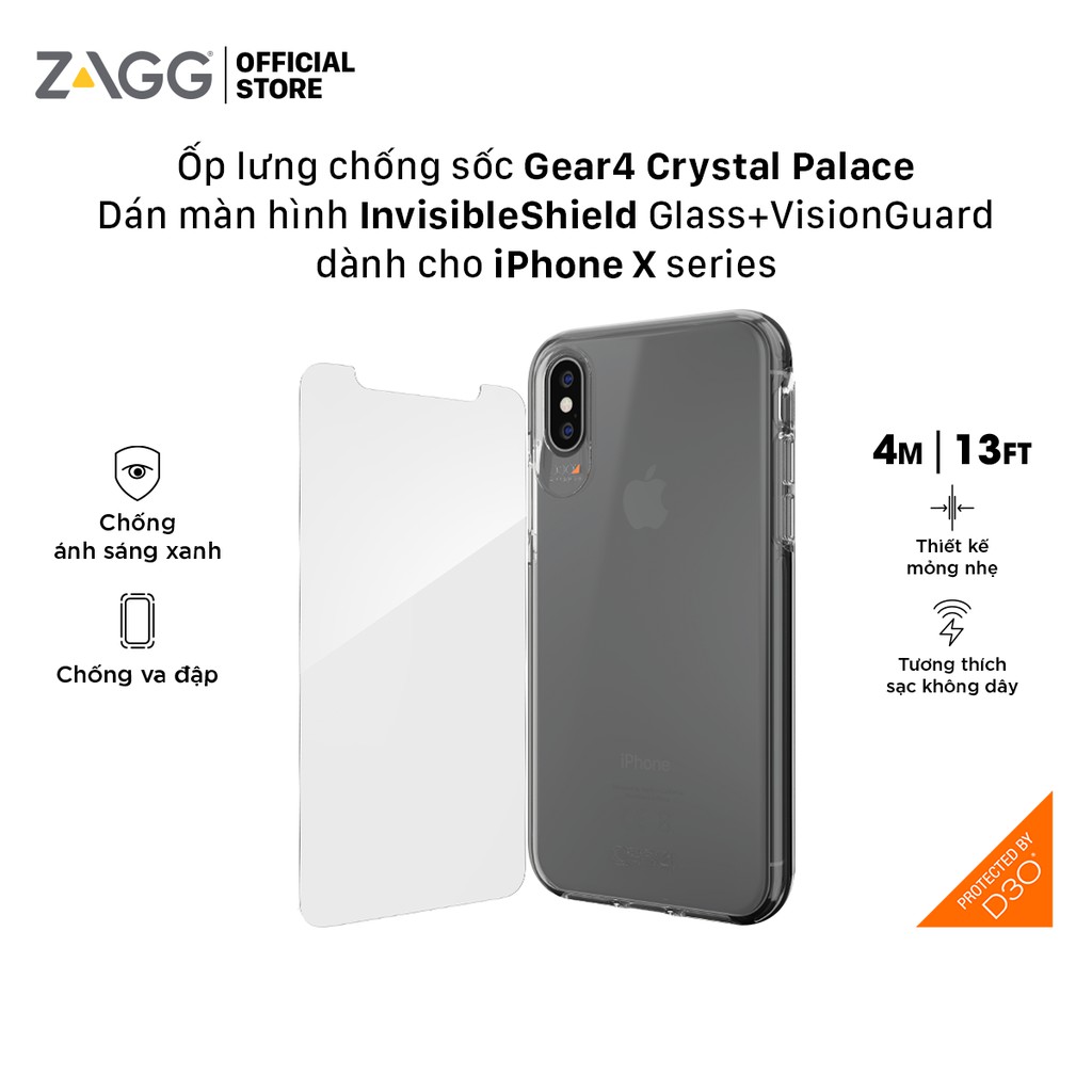 Combo bảo vệ: Ốp lưng chống sốc Gear4 Crystal Palace - Dán màn hình InvisibleShield Glass+VisionGuard iPhone X series