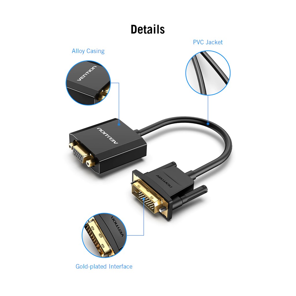 Vention 0.15M DVI 24+1 To VGA Converter Gold Plated 1080P Full HD Laptop Computer TV Monitor Projector | BigBuy360 - bigbuy360.vn