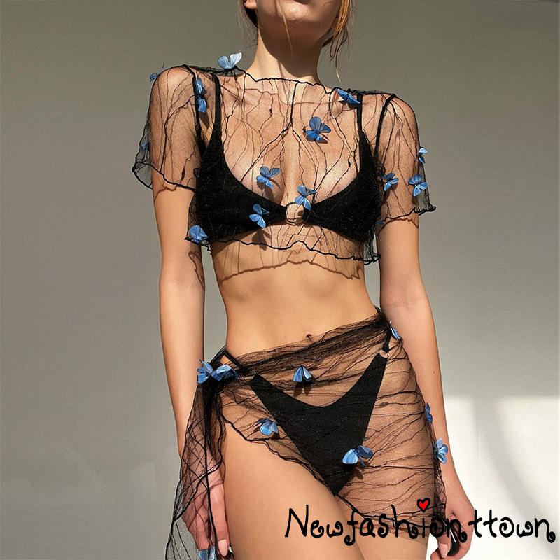 Áo Lưới Mặc Ngoài Bikini Ngắn Tay Họa Tiết Bướm Ba Chiều Gợi Cảm Cho Nữ