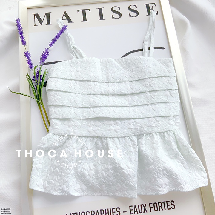 Áo kiểu 2 dây croptop xếp li dáng xòe hoa nhí THOCA HOUSE mẫu mới thời thượng, màu pastel nhẹ nhàng phối đồ