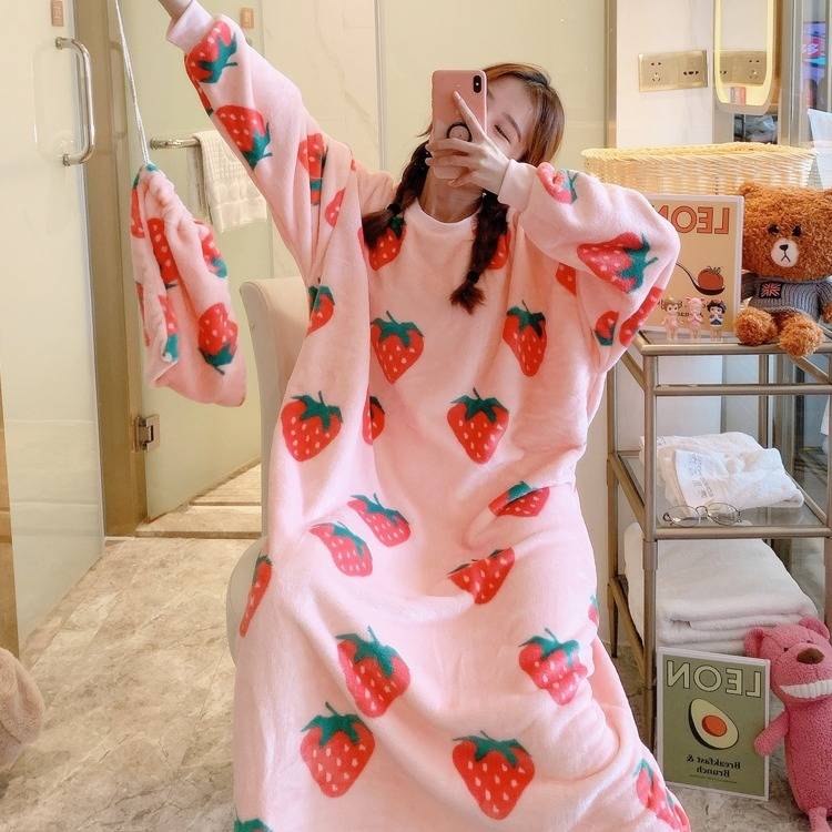 Áo Choàng Ngủ Dáng Dài Vải Flannel Ấm Áp Thời Trang Thu Đông Cho Nữ