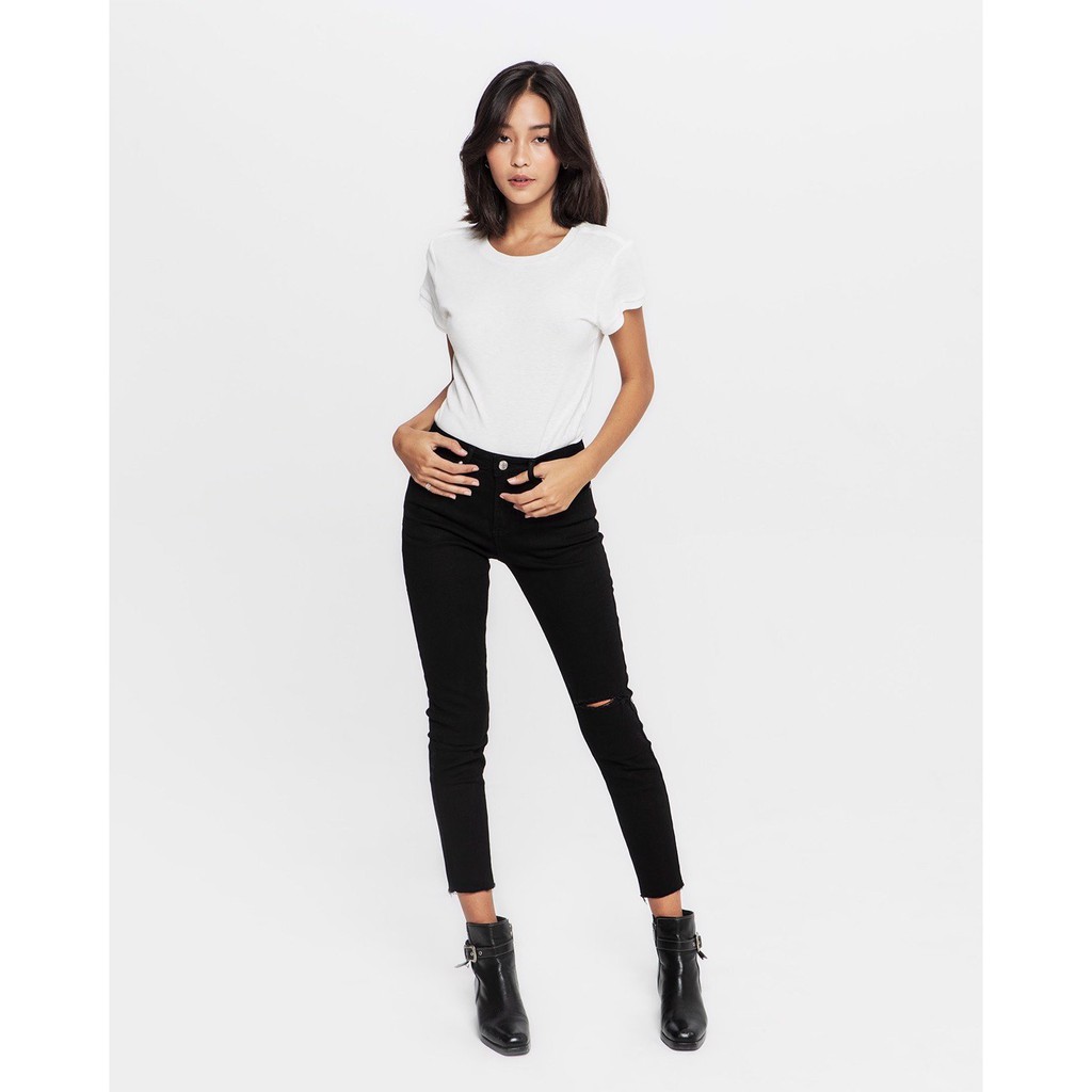 TheBlueTshirt - Quần Jeans Skinny Nữ Rách Gối Màu Đen - Off Duty Jeans - Black Wash