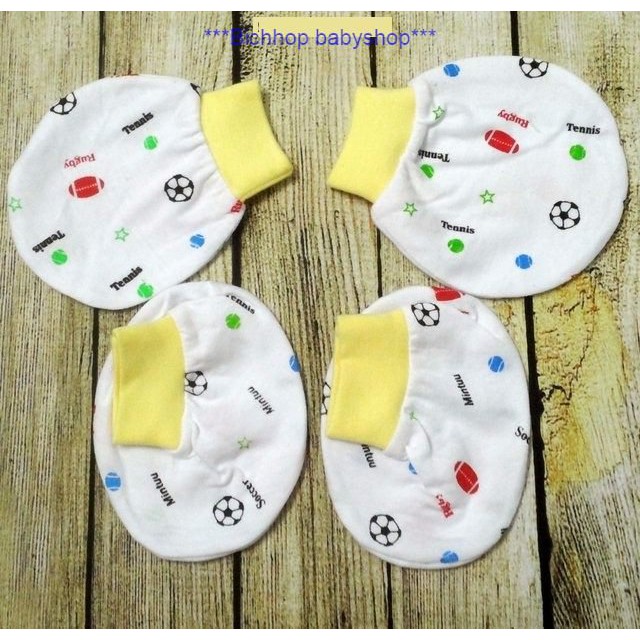 combo bao chân bao tay và mũ cotton mềm tre thóp cho bé sơ sinh