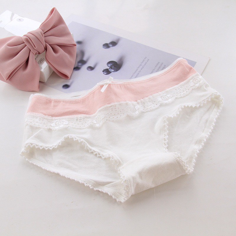 Quần Lót Cotton - Quần Lót Nữ Phối viền ren bèo trắng đính nơ xinh điệu đà kháng khuẩn DAN STORE MÃ B809