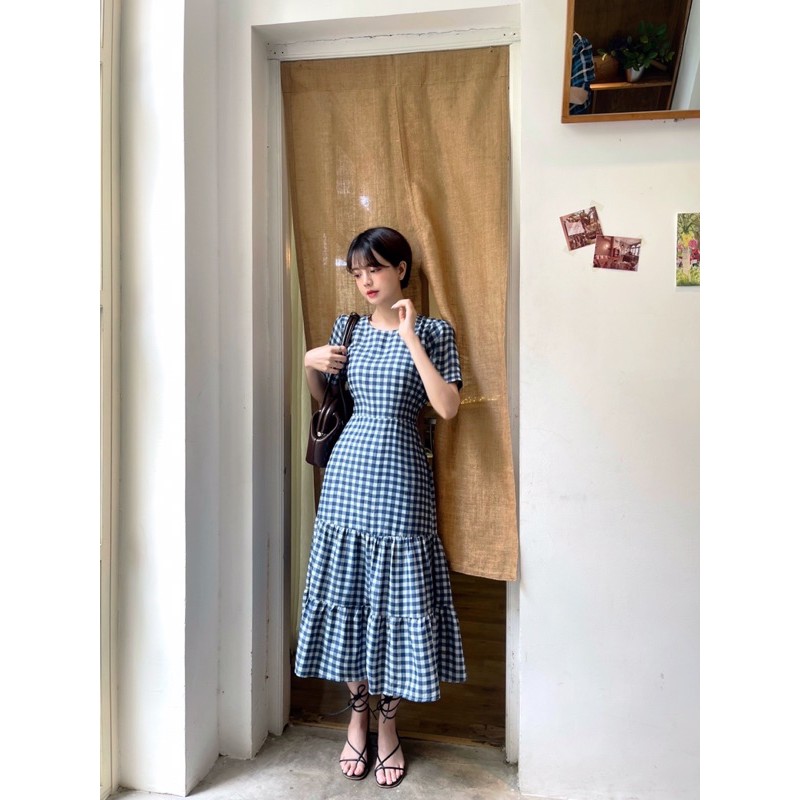 𝐁𝐞𝐥𝐥𝐚 𝐃𝐫𝐞𝐬𝐬 - Desing by momizi hoạ tiết gingham xanh dương, váy dáng dài xoè tầng
