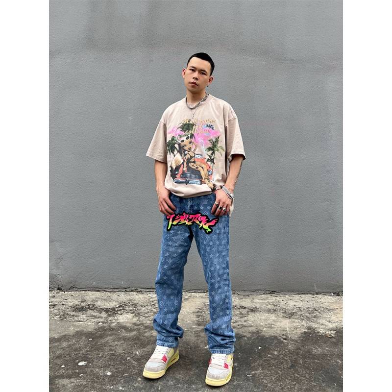 American High Street Flocking Embroidered Gradient Jeans Men's Ins Fashion Brand Street Hip-Hop Loose Straight Full Printed Pants Vr8N