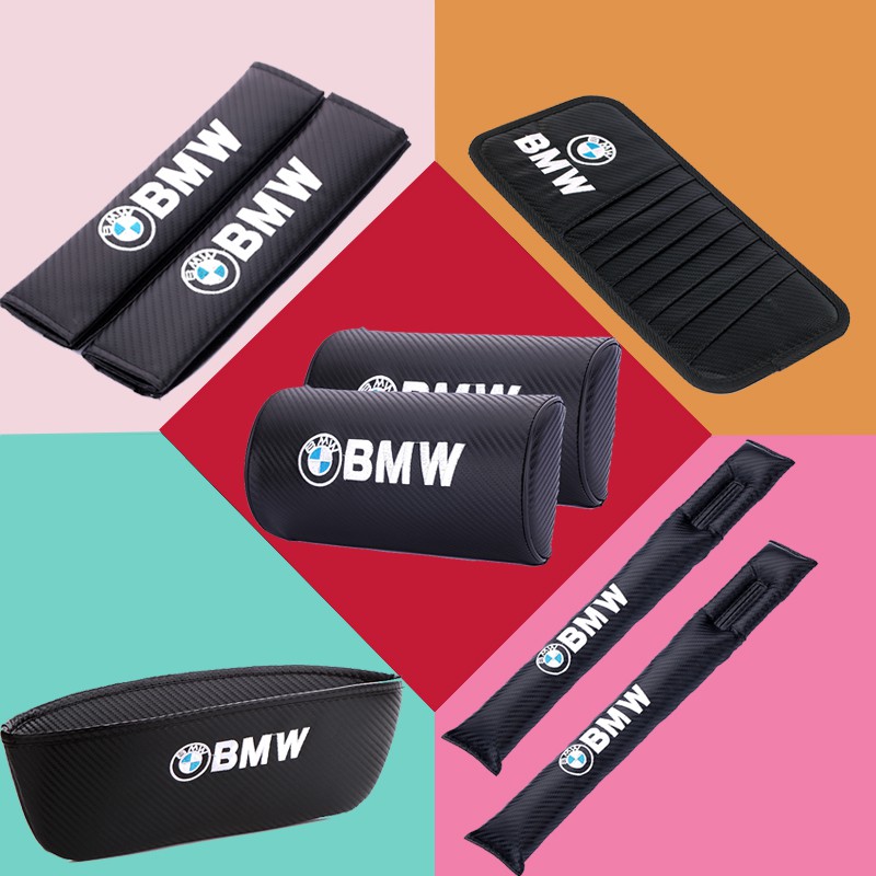 BMW Carbon Fiber Car Seat Neck Headrest Safety Belt Pad Cover Shoulder Pad Gap Leak-Proof Slit Plug Sun Visor CD Clip Catcher Box Car Steering Wheel Cover