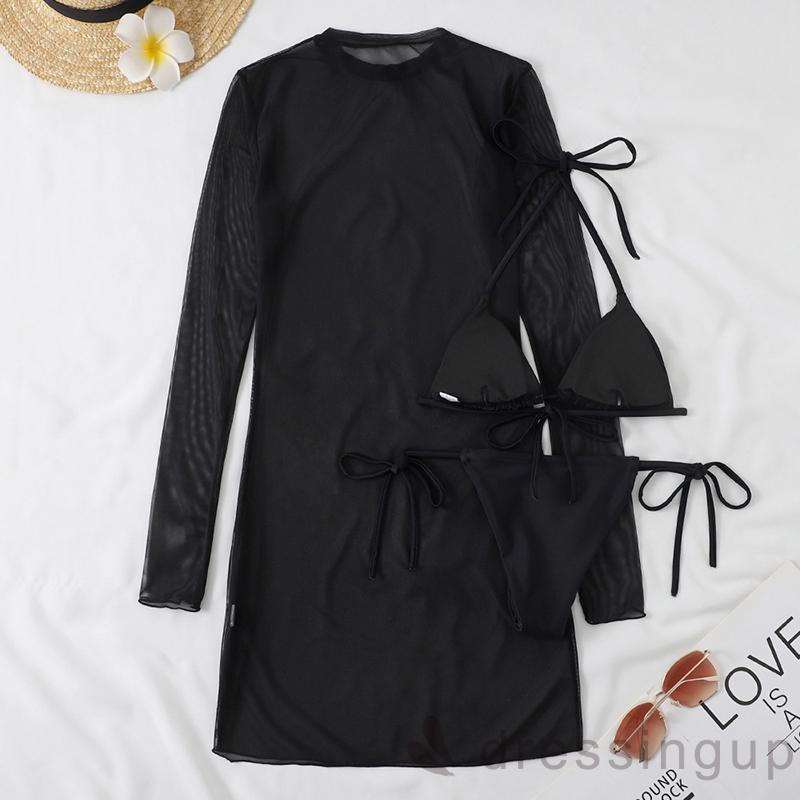 Bộ Đồ Bơi Bikini Cổ Yếm Màu Trơn Phối Quần Lọt Khe Xuyên Thấu Quyến Rũ Cho Nữ