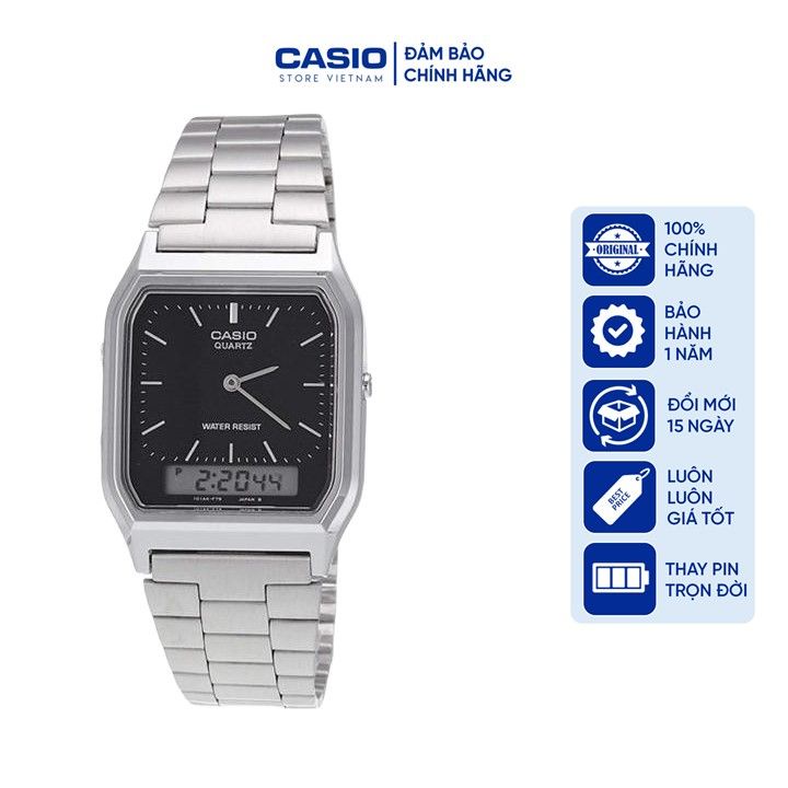 Đồng hồ Unisex Casio AQ-230A-1DMQ, đồng hồ chính hãng, silver gạch, mặt đen