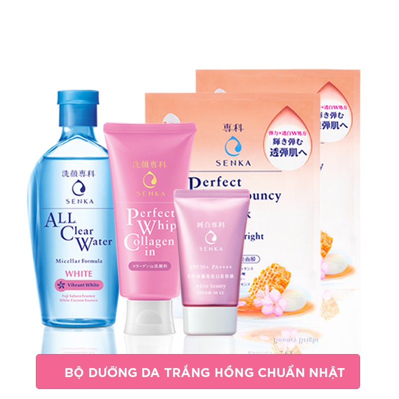 Bộ sản phẩm Senka trắng hồng chuẩn Nhật (SRM Collagen 120g, CN Serum CC 40g, All Clear Water 230ml, Mask 25ml)_95105 | BigBuy360 - bigbuy360.vn