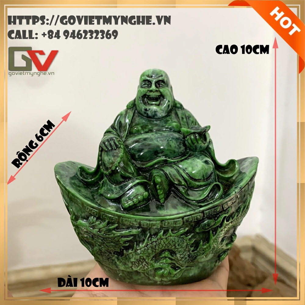 Tượng đá trang trí Phật Di Lặc ngồi trên thỏi vàng tay cầm thỏi vàng - Cao 10cm - Màu xanh lục bích