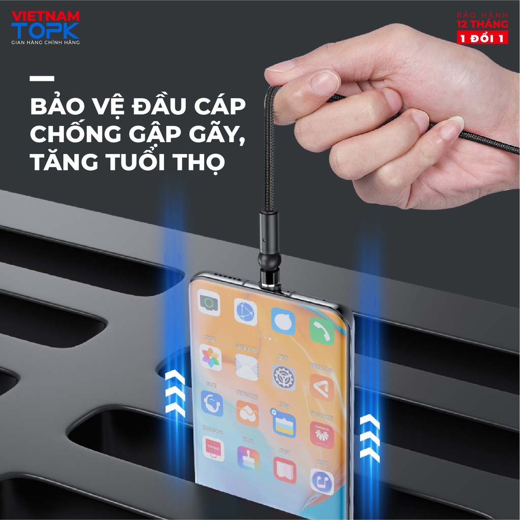 Dây sạc nam châm iPhone Type-C Micro USB TOPK AM68 - Sạc nhanh 3A Dây dù 1m - Hàng chính hãng Bảo hành 12 tháng 1 đổi 1