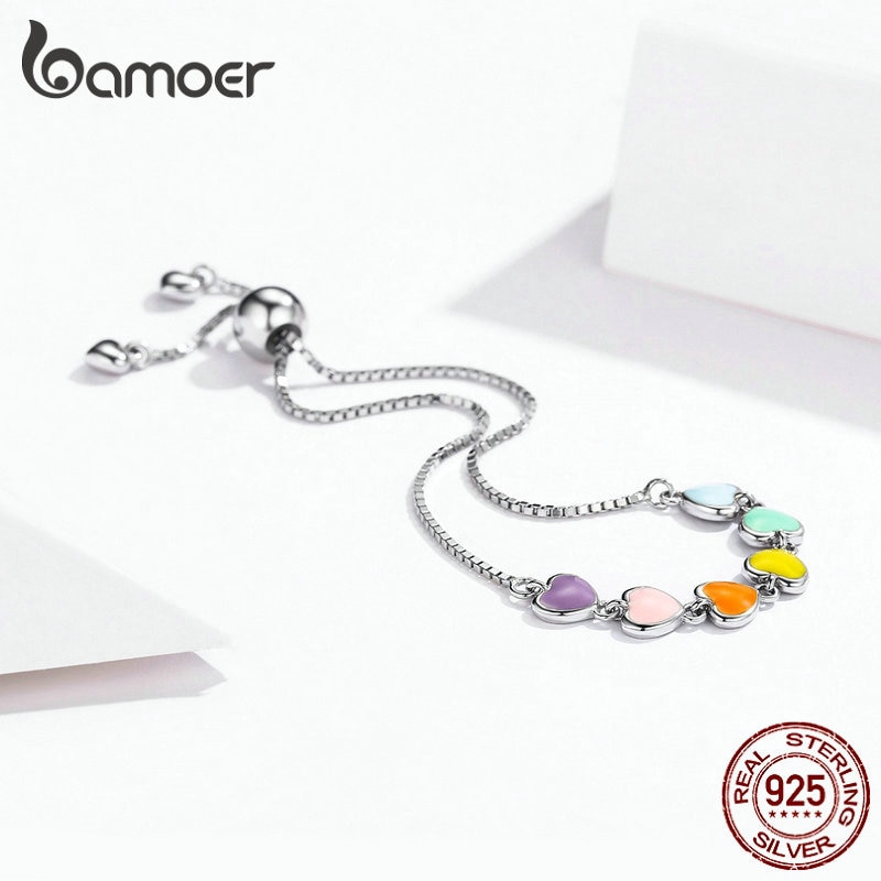 Vòng tay Bamoer SCB158 bằng bạc sterling 925 gắn trái tim lên men màu cầu vồng